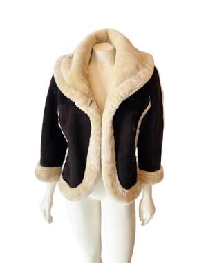 Mexx Faux Fur Suede Waist Jacket Brown Cream Vintage Size 8